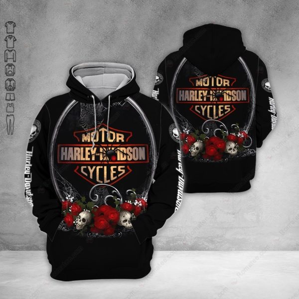 Harley-Davidson Spider And Rose Skull Hoodie, Dark Harley-Davidson Skull 3D All Over Print Hoodie