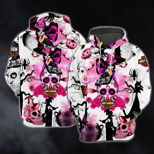 Harley-Davidson Spooky Sugar Skull Breast Cancer Awareness Hoodie, Harley-Davidson Witches & Pumpkins Hoodie