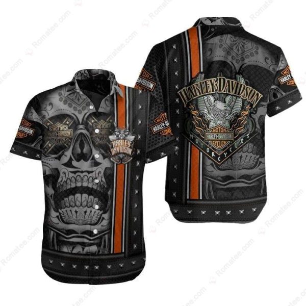 Harley-Davidson Sugar Skull Shirt, Harley Davidson Eagle Logo Hawaiian Shirt