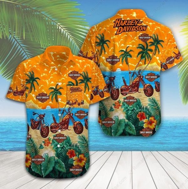 Harley-Davidson Tropical Beach Scene Hawaiian Shirt, Harley-Davidson Beach Vibes Shirt