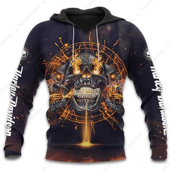 Intense Skulls and Fiery Flames Harley-Davidson Shirt, Dark and Rebellious Harley-Davidson Hoodie