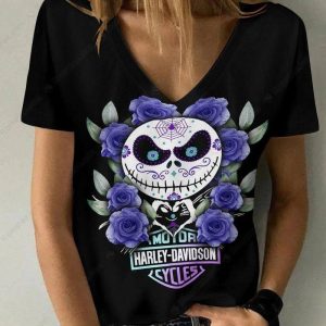 Jack Skellington And Roses Harley-Davidson Vintage Shirt, Retro Harley-Davidson Motorcycle V-neck Shirt