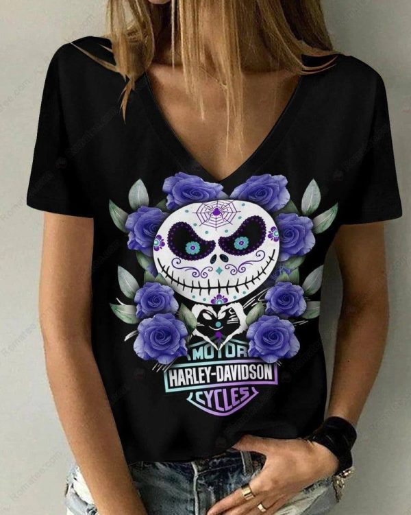 Jack Skellington And Roses Harley-Davidson Vintage Shirt, Retro Harley-Davidson Motorcycle V-neck Shirt