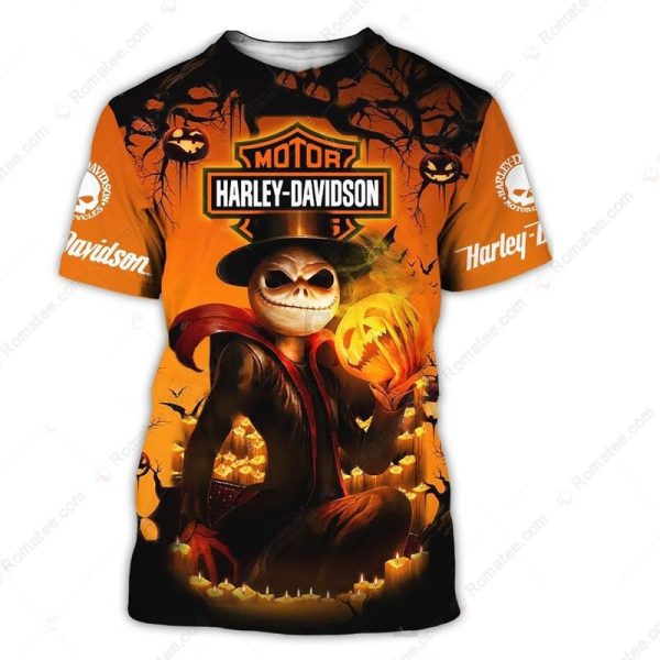 Jack Skellington and Pumpkins Harley-Davidson Halloween T-Shirt, Dark Orange and Black Harley-Davidson T-Shirt