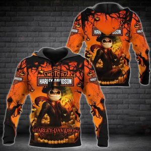 Jack Skellington with Pumpkin And Bats Harley-Davidson Hoodie, Harley-Davidson Halloween Hoodie