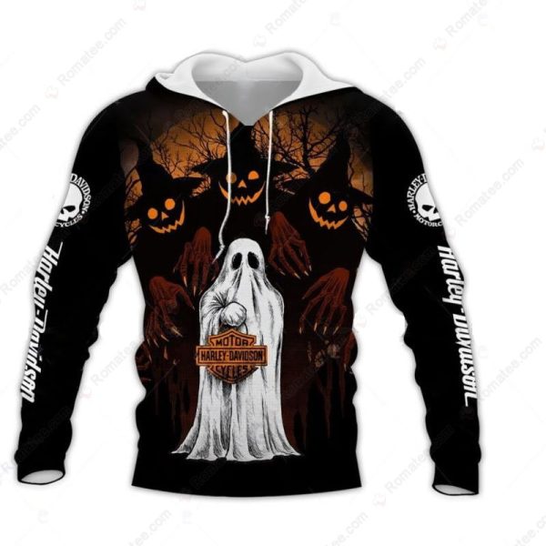 Jack-o’-Lanterns And Ghost Harley-Davidson Hoodie, Spooky Harley-Davidson Halloween Hoodie