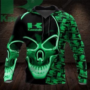 Kawasaki Neon Skull And Kawasaki Logo 3D All Over Print Hoodie