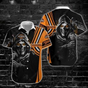 Menacing Grim Reaper Skull Harley-Davidson Shirt, Glowing Orange Eyes Grim Reaper Hawaiian Shirt