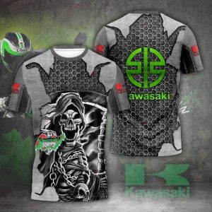 Menacing Grim Reaper Skull & Kawasaki Shirt, Gray and Green Reaper Skull Design