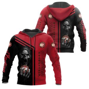 Menacing Skull Indian Motorcycle Hoodie, Skull with Red Eyes & Distressed Logo