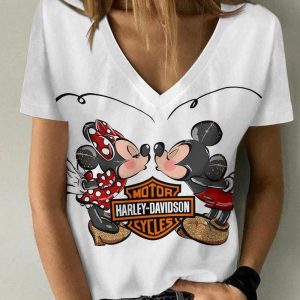 Mickey Mouse and Minnie Mouse Harley-Davidson Style V-neck T-Shirt