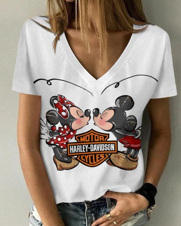 Mickey Mouse and Minnie Mouse Harley-Davidson Style V-neck T-Shirt