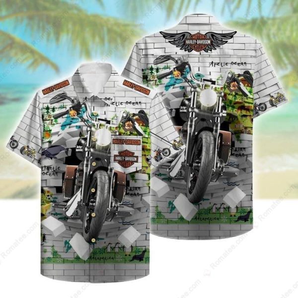 Motorcycle Breaking Through World Map Harley-Davidson Hawaiian Shirt