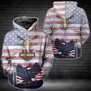 Patriotic Harley-Davidson Eagle Hoodie, Harley-Davidson Logo Hoodie with Eagles & American Flag Design