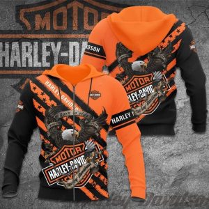 Patriotic Skull Harley-Davidson Hoodie, Eagle American Flag Flames and Born to Ride Black And Orange Harley-Davidson Hoodie