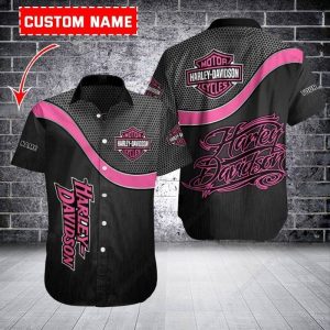 Personalized Black and Pink Geometric Pattern Harley-Davidson Hawaiian Shirt