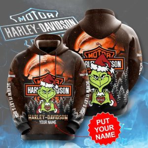 Personalized Grinch And Harley-Davidson Hoodie, Grinch Wearing Santa Hat & Harley-Davidson Logo 3D Hoodie