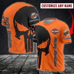 Personalized Harley-Davidson Punisher Skull Hoodie, Harley-Davidson Orange and Black 3D T-Shirt