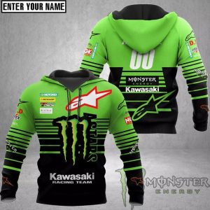 Personalized Kawasaki Monster Energy Racing Team Hoodie Custom Name Motorsport Zip Up Jacket with Sponsor Logos 1