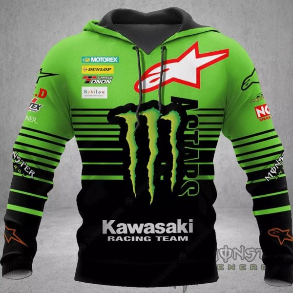 Personalized Kawasaki Monster Energy Racing Team Hoodie, Custom Name Motorsport Zip-Up Jacket with Sponsor Logos