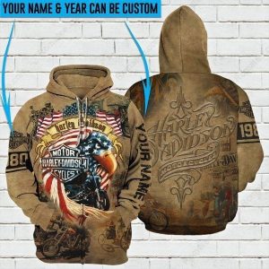 Personalized Vintage Harley-Davidson Eagle Hoodie, 1980 American Flag & Motorcycle Design