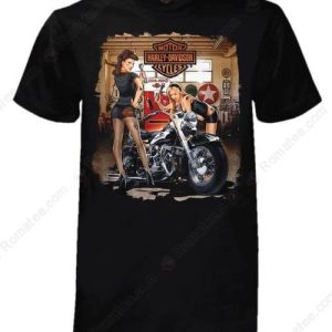 Pin-Up Girls and Harley-Davidson Bike Shirt, Vintage Garage Scene T-Shirt