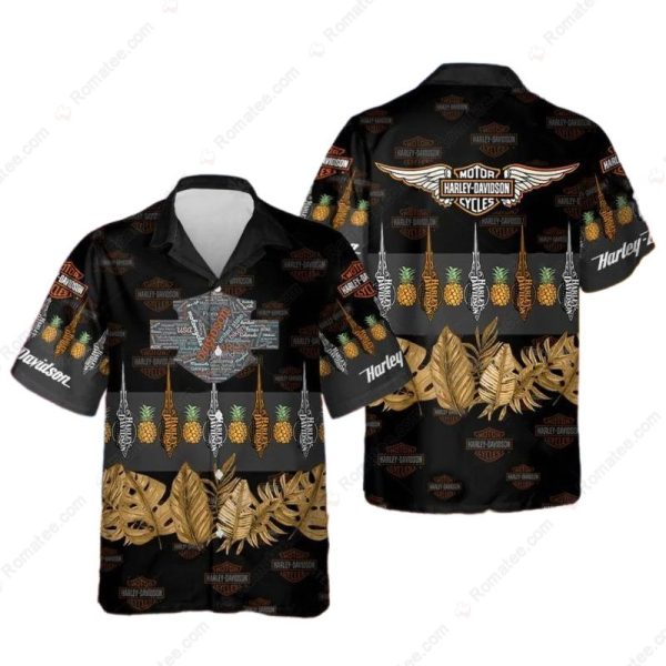 Pineapples and Palm Leaves Harley-Davidson Hawaiian Shirt, Stylish Black Harley-Davidson Shirt