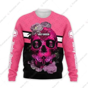 Pink Harley-Davidson Butterfly Roses Skull Hoodie, Harley-Davidson Floral Skull Sweatshirt