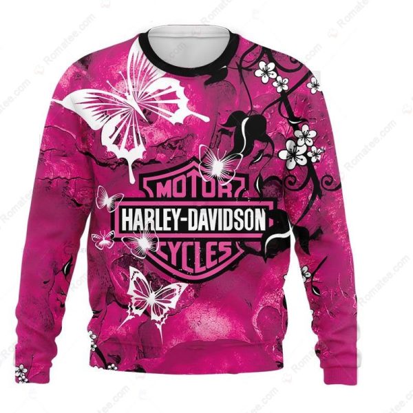 Pink Harley-Davidson Butterfly and Floral Hoodie, All-Over Print Harley-Davidson Sweatshirt