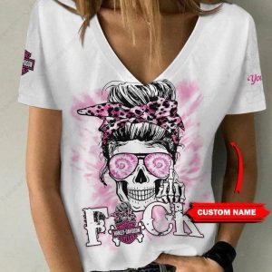 Pink Ribbon Skull Messy Harley-Davidson Shirt, Personalized Harley-Davidson Graphic V-neck Shirt