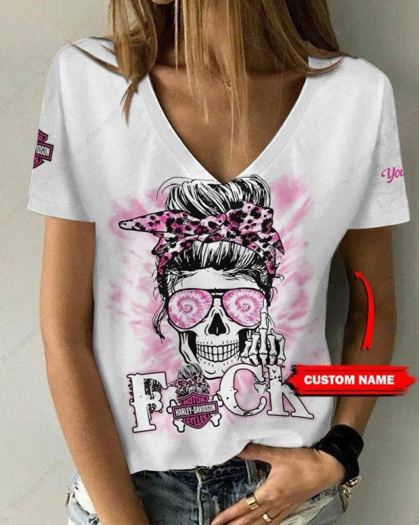 Pink Ribbon Skull Messy Harley-Davidson Shirt, Personalized Harley-Davidson Graphic V-neck Shirt