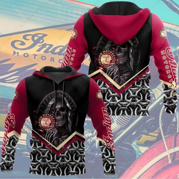 Red and Black Grim Reaper And Chain Indian Motorcycle 3D All Over Print Hoodie