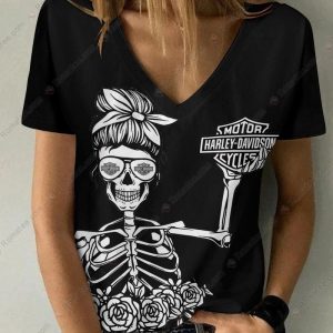 Roses Skeleton Harley-Davidson Shirt, Stylish Harley-Davidson Motorcycle V-neck Shirt