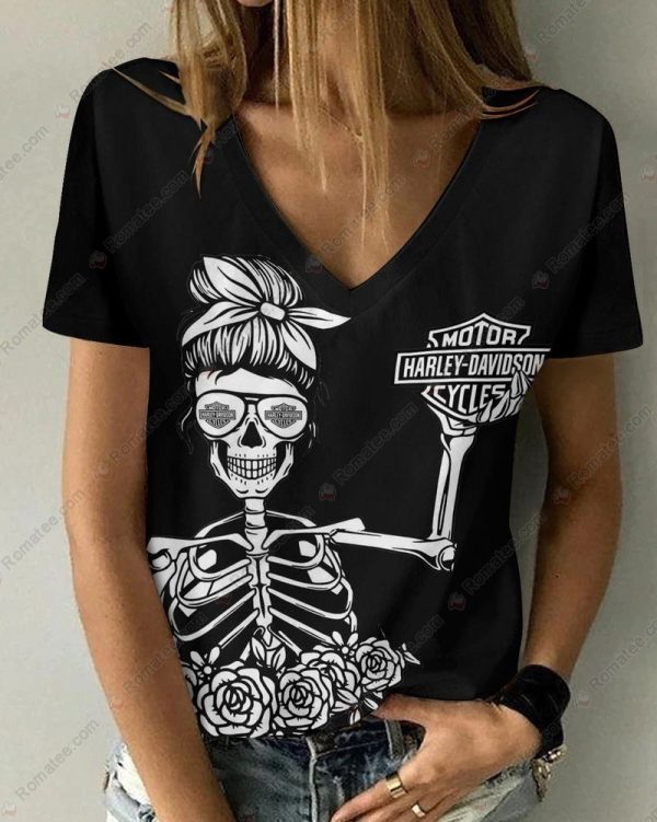 Roses Skeleton Harley-Davidson Shirt, Stylish Harley-Davidson Motorcycle V-neck Shirt