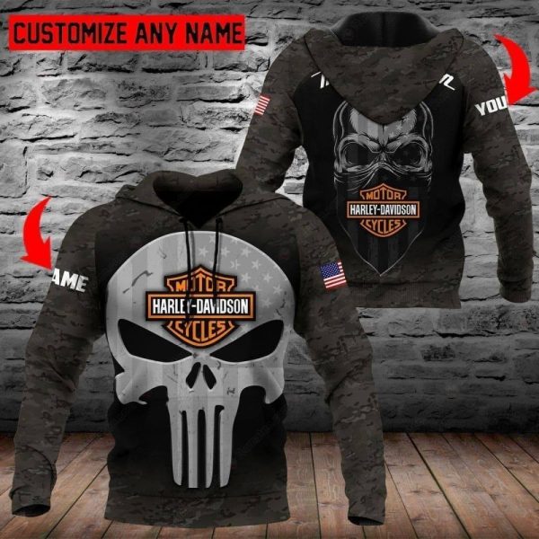 Rugged Black Punisher Skull And Harley-Davidson Logo 3D All Over Print Hoodie