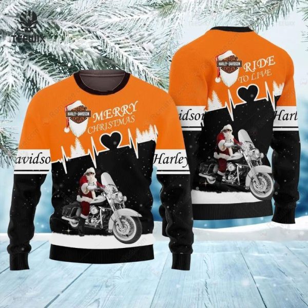 Santa Motorcycle Harley-Davidson Ride to Live Hoodie, Harley-Davidson Orange and Black Christmas Sweatshirt