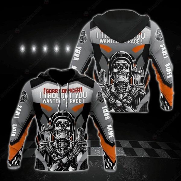 Skeleton Mechanic Black & Orange Motorcycle Hoodie, Personalized Name Skull Rider Motorcycle Hoodie