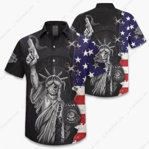 Skeleton Statue of Liberty and Patriotic Flair Harley-Davidson Shirt, Distressed American Flag & Skull Hawaiin Shirt