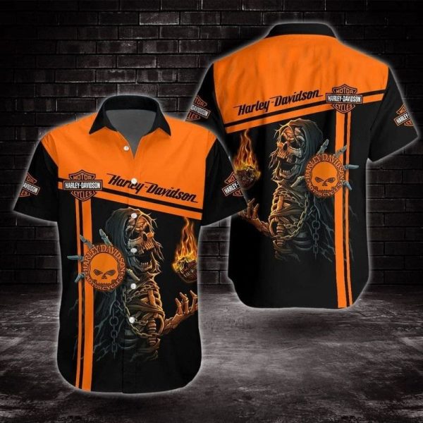 Skeleton and Flaming Skull Harley-Davidson Shirt, Rebellious Harley-Davidson Skull Graphic Hawaiian Shirt