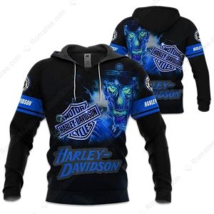 Skull Police Helmet and Lightning 3D Harley-Davidson Hoodie, Harley-Davidson Black and Blue Hoodie