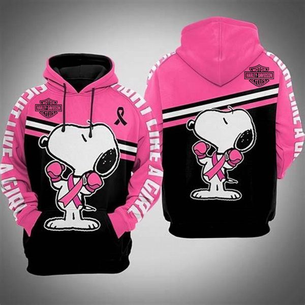 Snoopy Breast Cancer Awareness Hoodie, Fight Like a Girl with Harley-Davidson