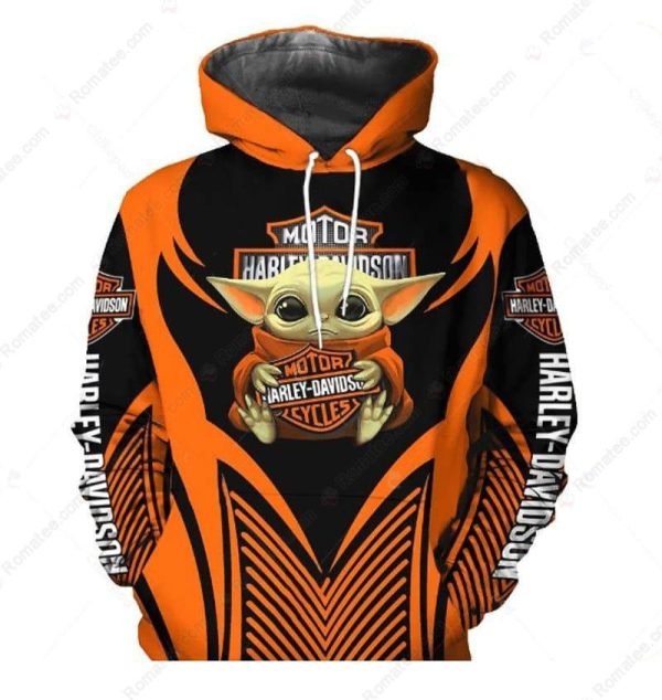 Star Wars Baby Yoda Harley-Davidson Hoodie, Adorable Baby Yoda Holding Harley-Davidson Logo Hoodie