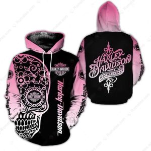 Stylish Sugar Skull Harley-Davidson Hoodie, Pink And Black Harley-Davidson Hoodie