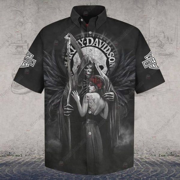 Tattooed Woman and Grim Reaper Harley-Davidson Shirt, Harley-Davidson Dark Romantic Hawaiian Shirt