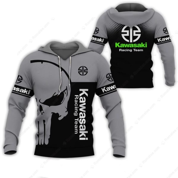 The Punisher Skull Kawasaki Motorsport Hoodie, Grey and Black Kawasaki Racing Team Sweatshirt with Skull Design and Green Logo