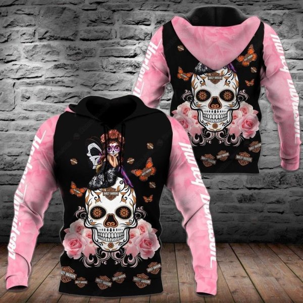 Unique Harley-Davidson Sugar Skull Hoodie, Stylish Roses Harley-Davidson Sweatshirt