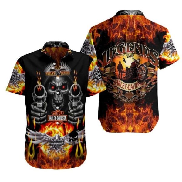 Vibrant Harley-Davidson Flame Skull Shirt, Harley-Davidson Legends with Skull and Guns Hawaiian Shirt