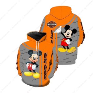 Vibrant Orange Mickey Mouse And Harley-Davidson Motorcycle Hoodie 3D All Over Print