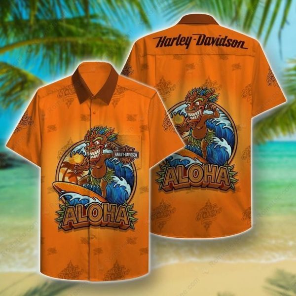 Vibrant Orange Tiki Aloha and Surfboard Harley-Davidson Hawaiian Shirt