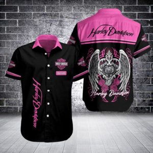 Wings and Roses Harley-Davidson Shirt, Black and Pink Design with Roses